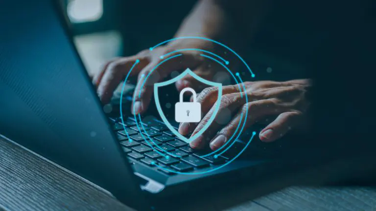 A hand typing on a keyboard and shield logo
