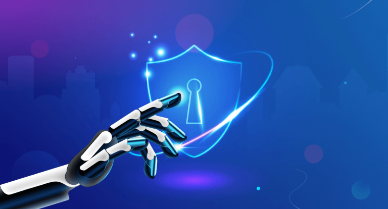 A robot touching a digital shield, symbolizing cybersecurity or protection