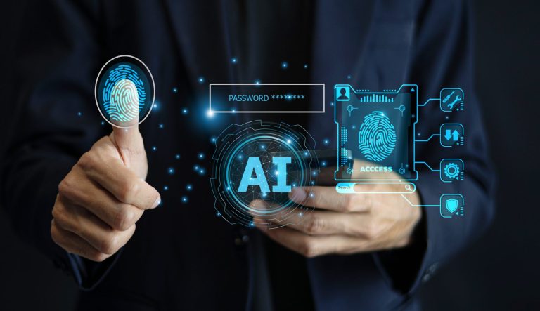 A man holding a digital screen displaying the text "AI" or artificial intelligence interface