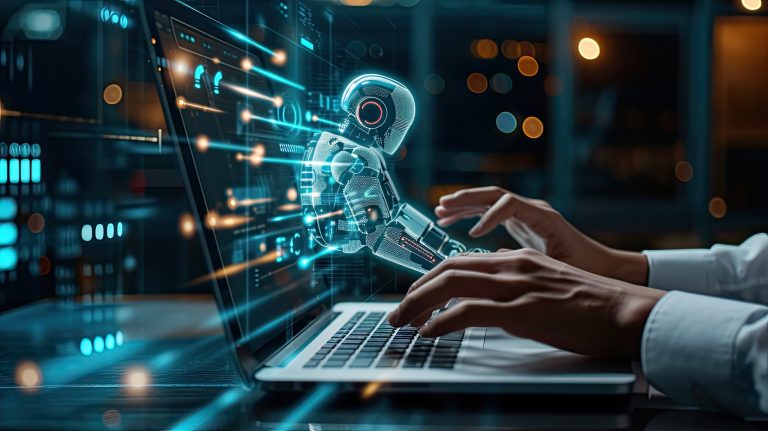 The hand is typing to AI