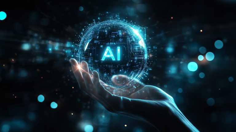 A hand holding a bubble containing the text "AI" inside