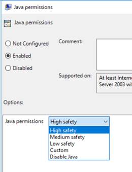 Setting High security Java permissions for Trusted Sites